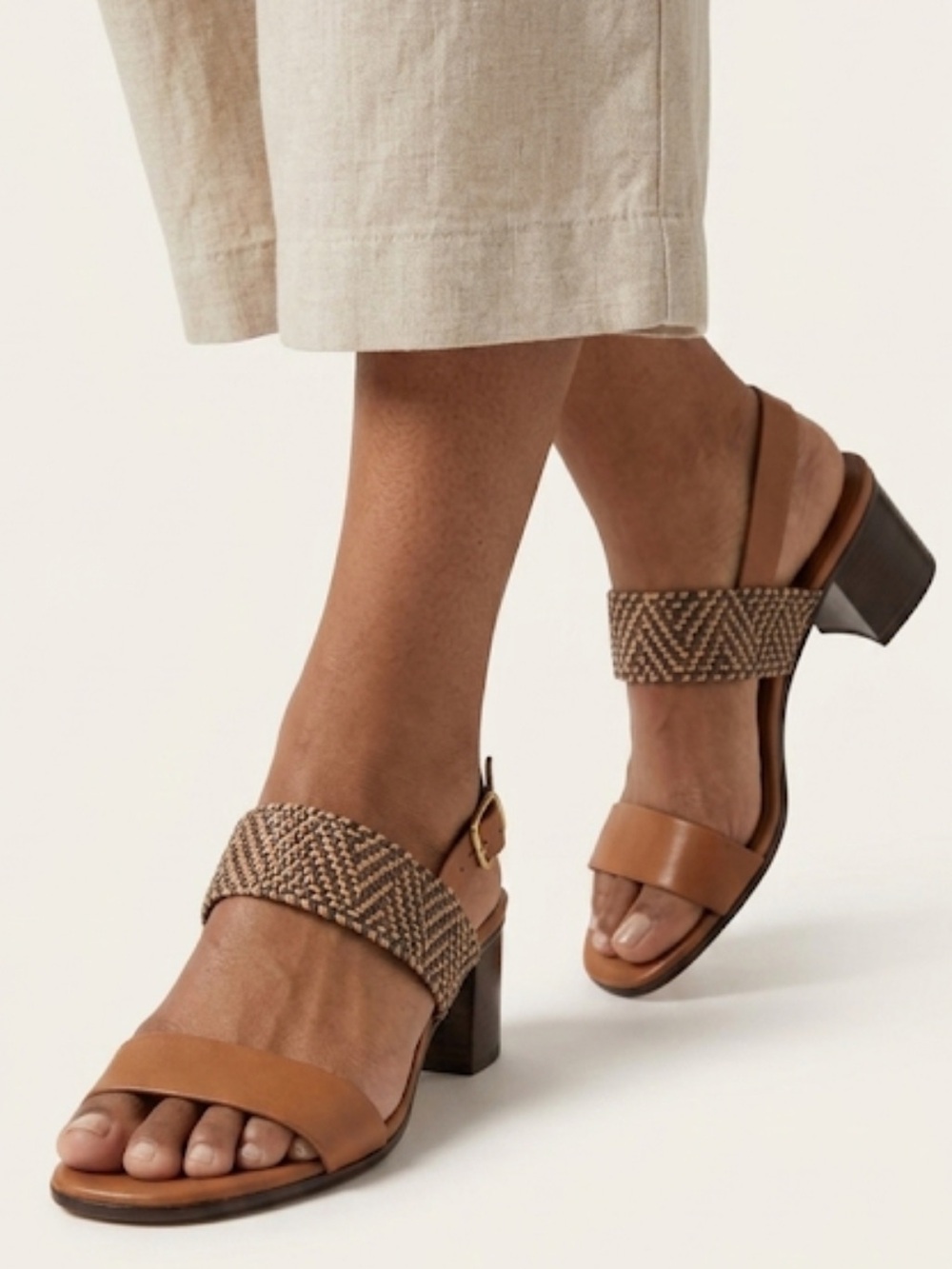 Italian Shoemakers Tan Brown Leather Block Heel Sandals with Woven Strap